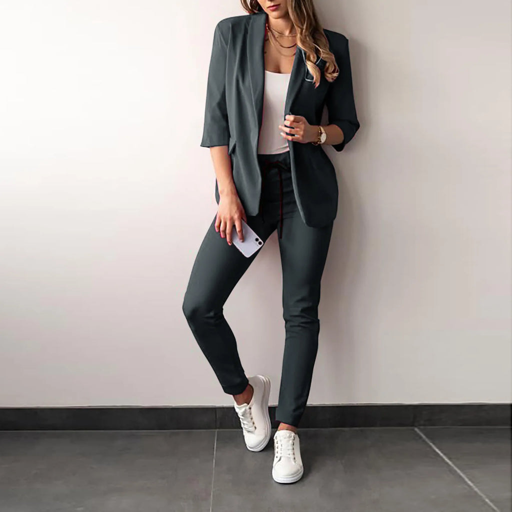 Office Lady Blazer And Lace-Up Pants Two Piece Set 2024 New Casual Fashion Solid Color Women's Set Conjuntos De Mujer Streetwear