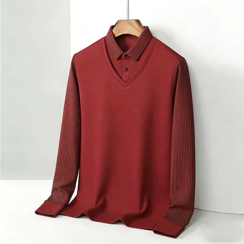 Men's Fake Two Piece Shirt Collar V Neck Long Sleeve Top Khaki Striped Casual Fashion Soft Fabric Daily Wear Blou 