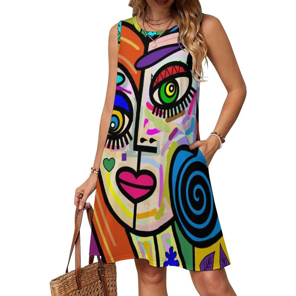 Funky Ladies Abstract Face No 2 Floral Smock Dress For Women Spring Summer Casual Dress For Party Multicolor Picasso Abstract
