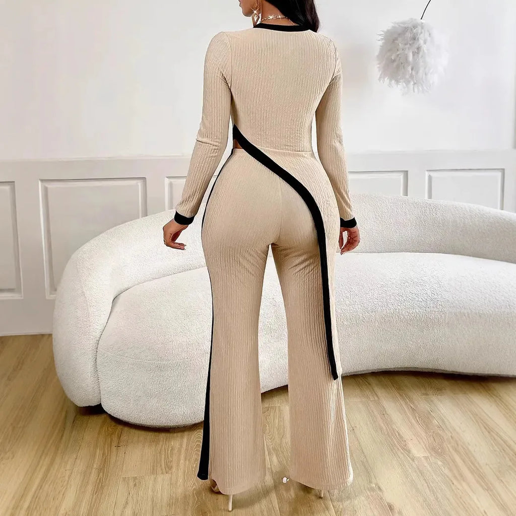 New Women's Sets 2 Pieces Elegant Round Neck Slim Irregular Sexy Solid Color Top + Wide-leg Loose Trousers Ladies Clothes