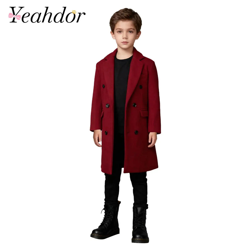 Kids Boys Warm Long Trench Coat Fall And Winter Double-breasted Coat Long Sleeve Tailcoat Long Jacket Birthday Party Costumes