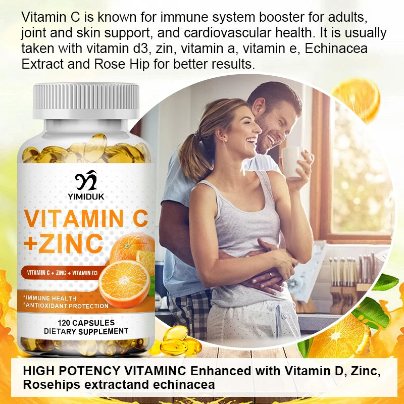 Yimiduk Premium Vitamin C & Zinc Supplement, for Energy, Metabolism & Overall Defense, Boosts Collagen & Skin Health, Non-GMO 
