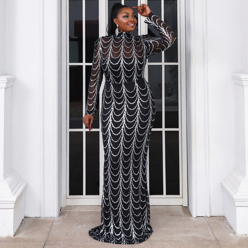 New Long Dress Round Neck Gold And Black Sequin Embellished High Waist Elegant Pullover Gown