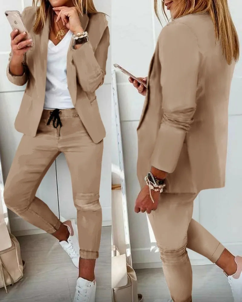 Office Lady Blazer And Lace-Up Pants Two Piece Set 2024 New Casual Fashion Solid Color Women's Set Conjuntos De Mujer Streetwear