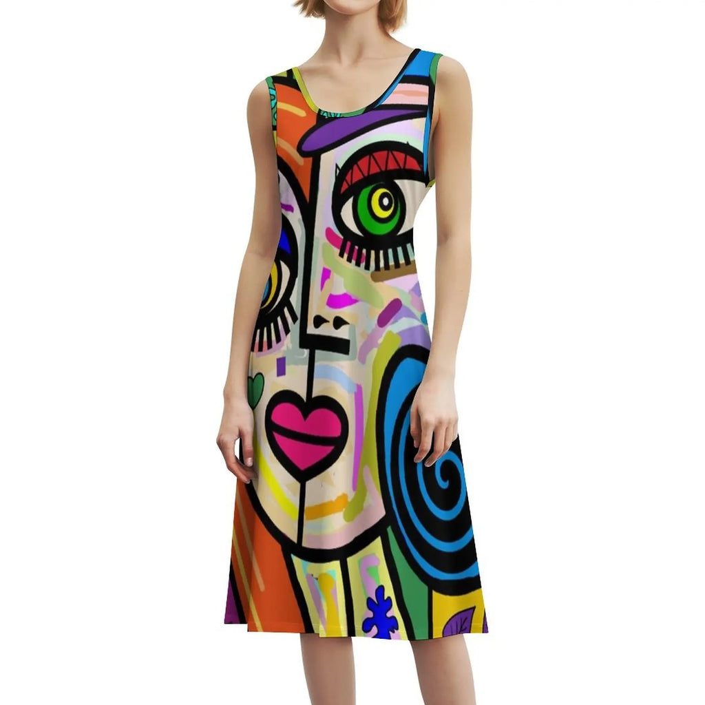 Funky Ladies Abstract Face No 2 Floral Smock Dress For Women Spring Summer Casual Dress For Party Multicolor Picasso Abstract