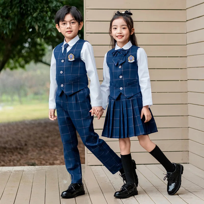 Kids British Plaid Vest Shirt Suit Pants Girls Waistcoat Blouse Skirts Children School Uniform Boys Korean Students Clothes Set