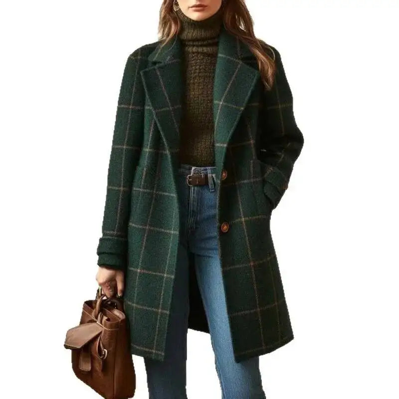 Winter Plaid Wool Trench Single-Breasted Mid-Length Notched Collar Coat Trendy Casual Fashion Women Outerwear Daily Wear