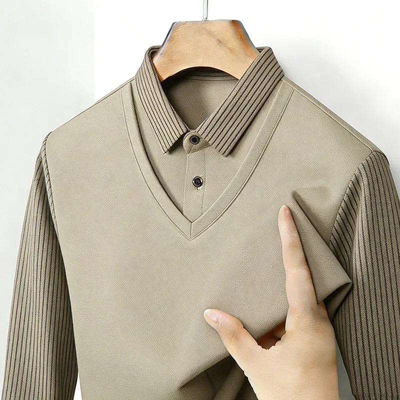 Men's Fake Two Piece Shirt Collar V Neck Long Sleeve Top Khaki Striped Casual Fashion Soft Fabric Daily Wear Blou 
