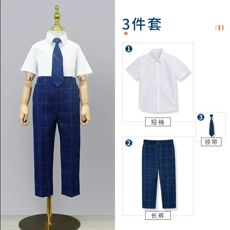 Kids British Plaid Vest Shirt Suit Pants Girls Waistcoat Blouse Skirts Children School Uniform Boys Korean Students Clothes Set