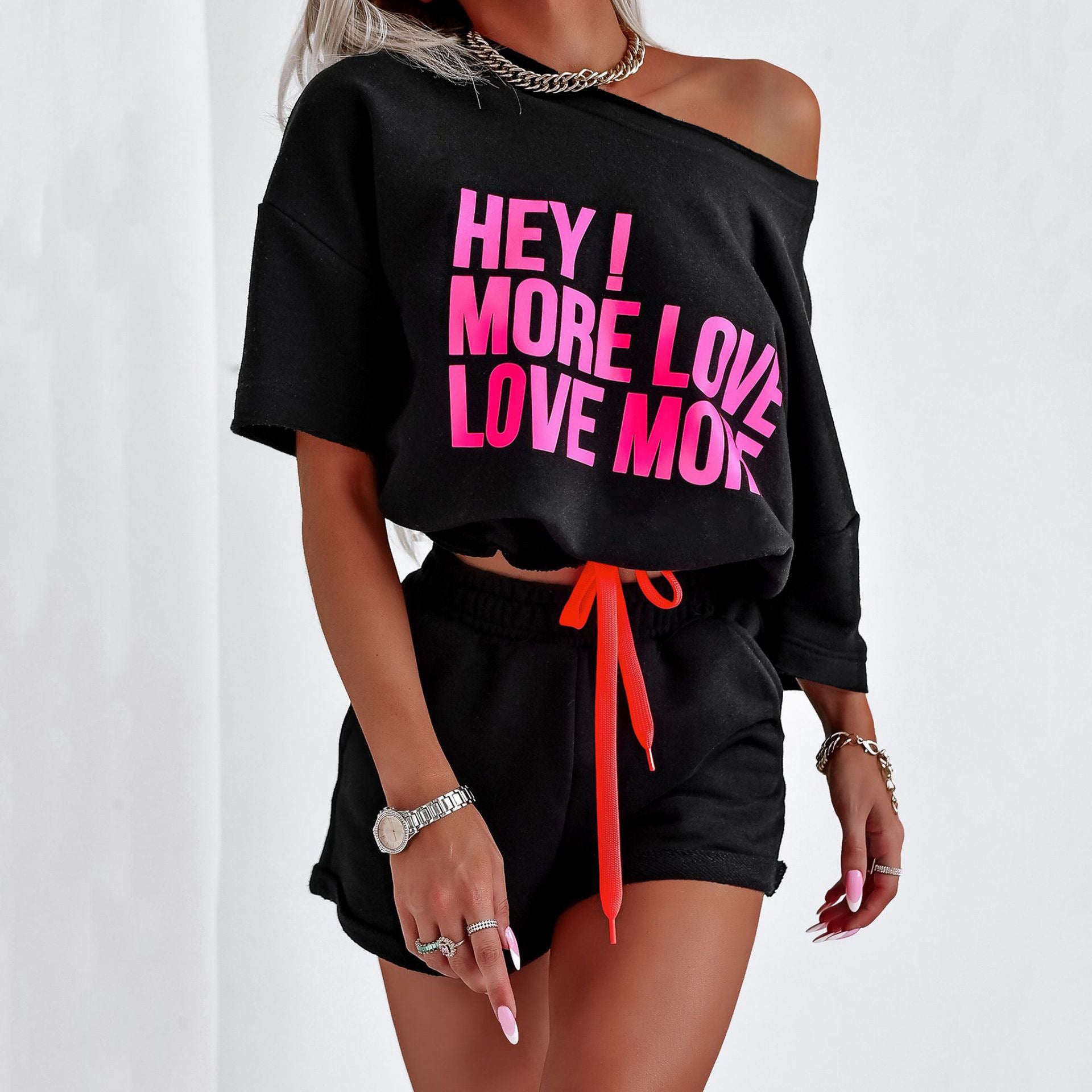 Fashion Letter Print Top Shorts Suit