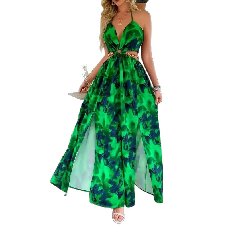Elegant Womens Floral Print Halter V-neck Backless Side-Slit Dress Cut Out Waist Chain Sleeveless High Side Split Fit Flare Maxi Long Dresses vestido floral elegante.