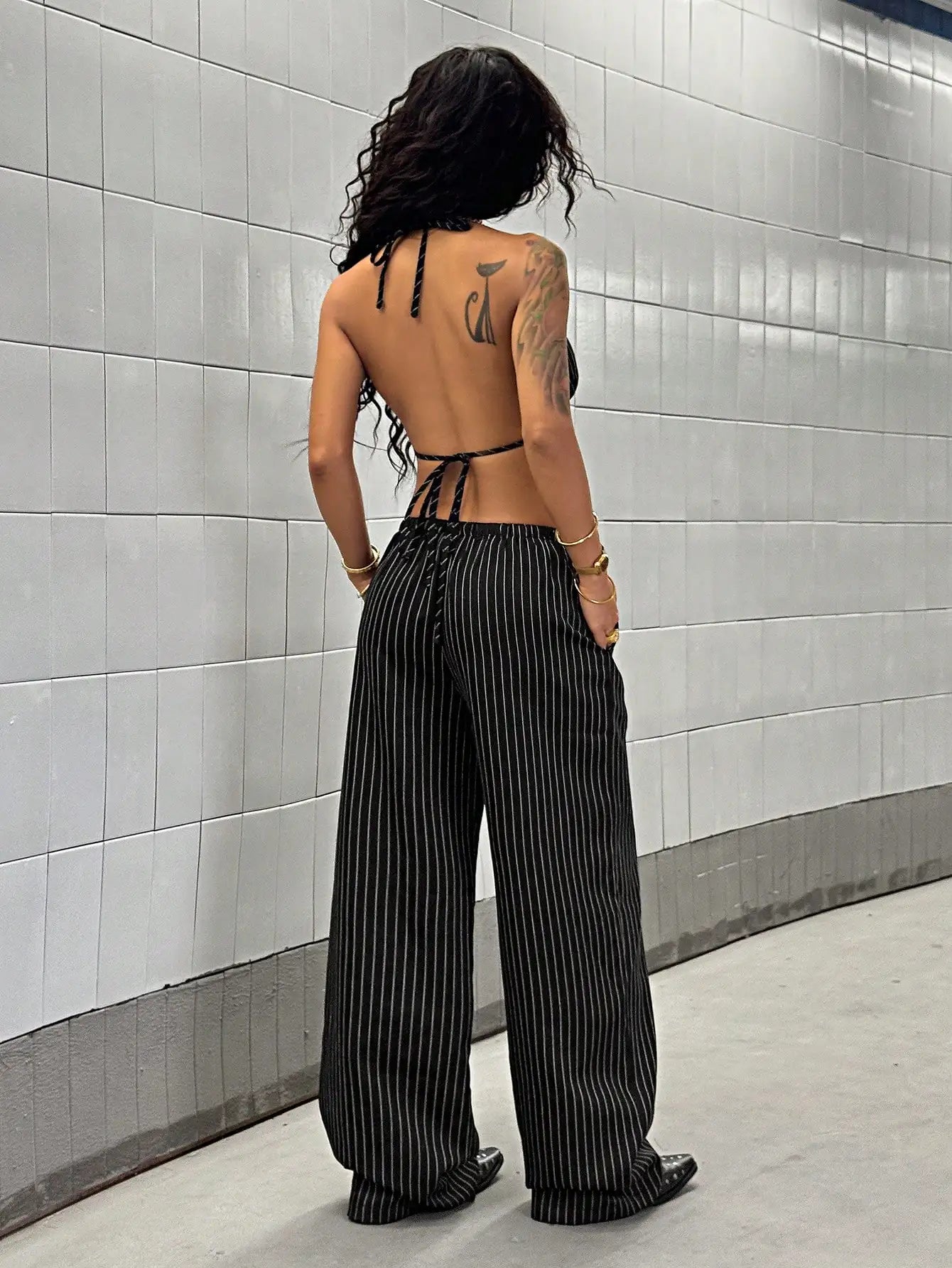 Women's Striped Halter Crop Top & Wide Leg Pants 2 Piece Set, Sexy Streetwear Matching Outfit 