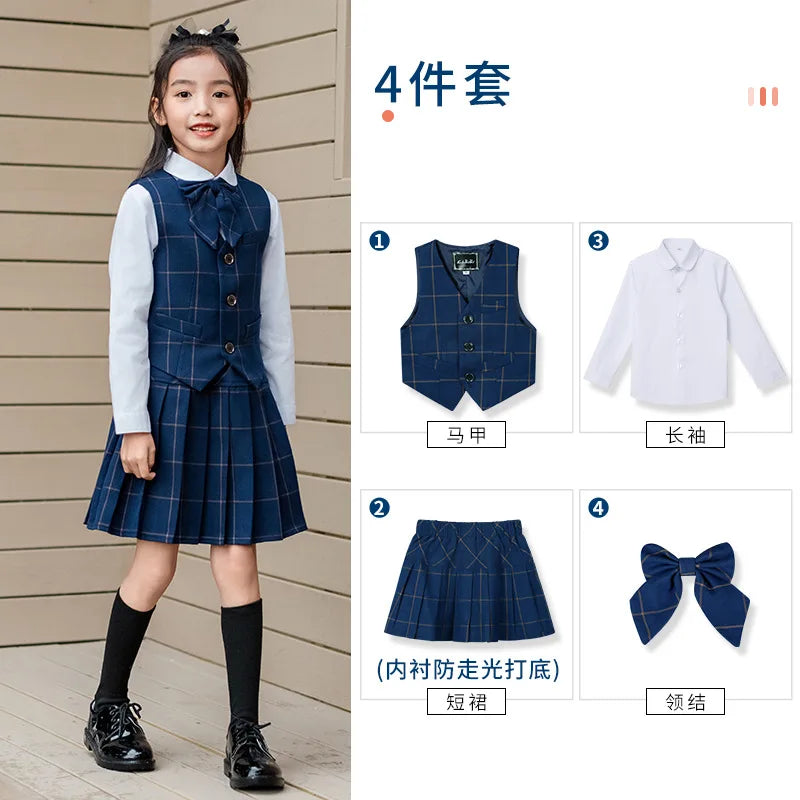 Kids British Plaid Vest Shirt Suit Pants Girls Waistcoat Blouse Skirts Children School Uniform Boys Korean Students Clothes Set