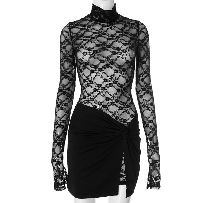 Lace See-through Long Sleeve Narrow Two-piece Set