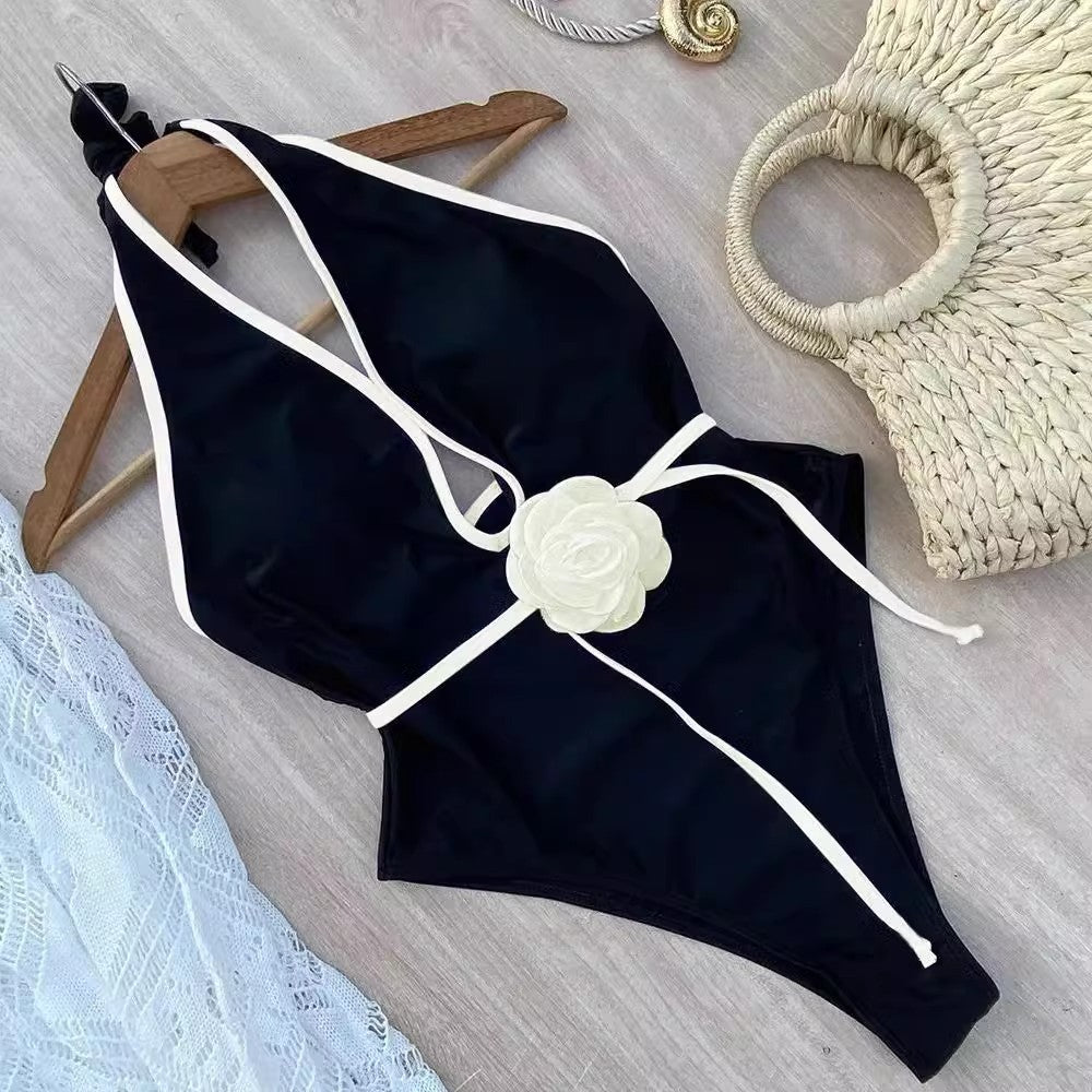 Pure Color Halter Waist Lace Flower Waist Slimming Slim Fit One-piece Sunscreen Women's Swimsuit