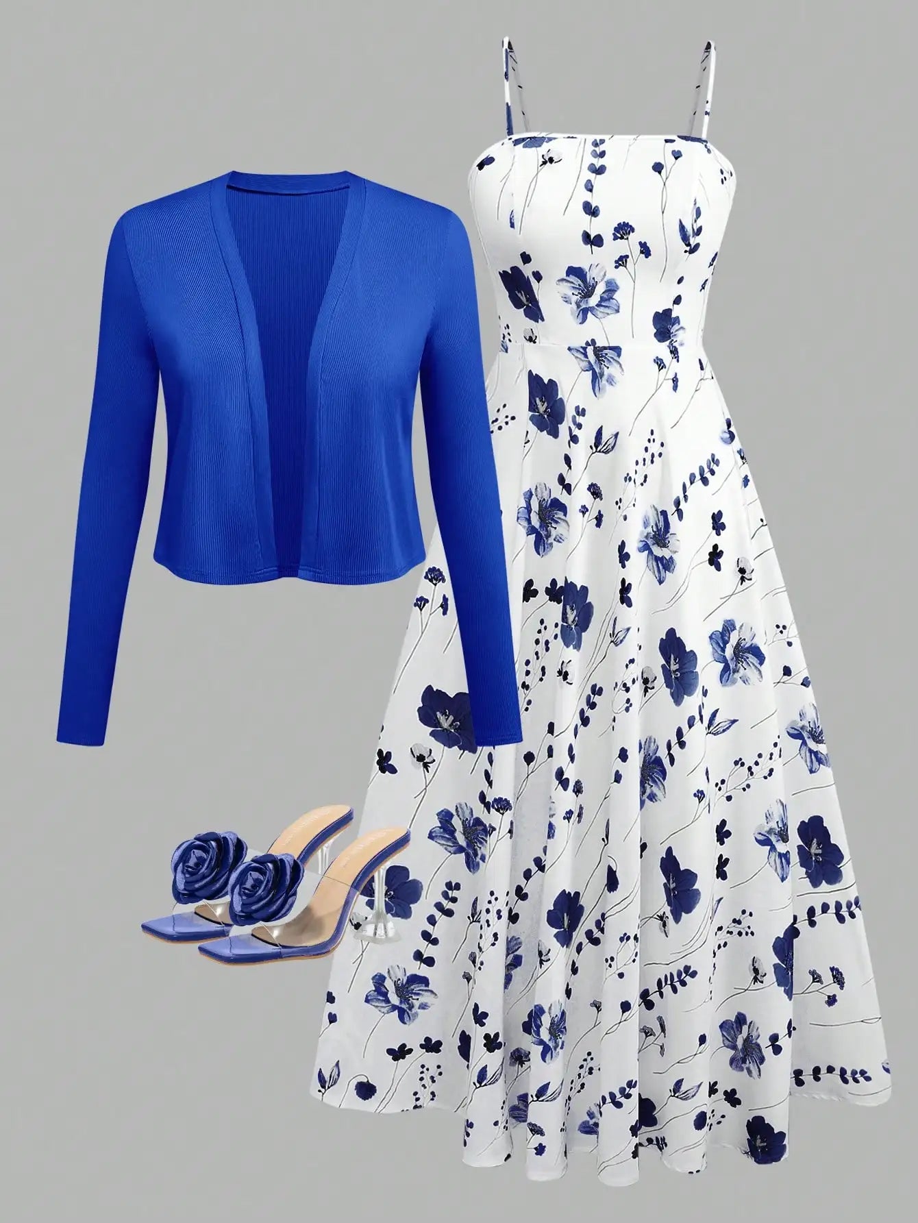 Women's Elegant Leopard Print Camisole Dress With Waist Cincher & Knit Cardigan Set