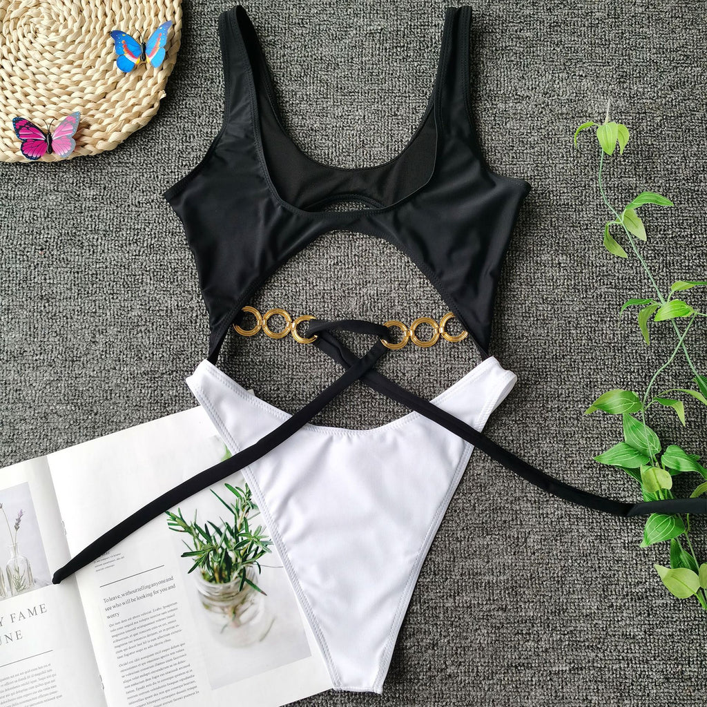 Metallic bikini bow tie stitching swimsuit