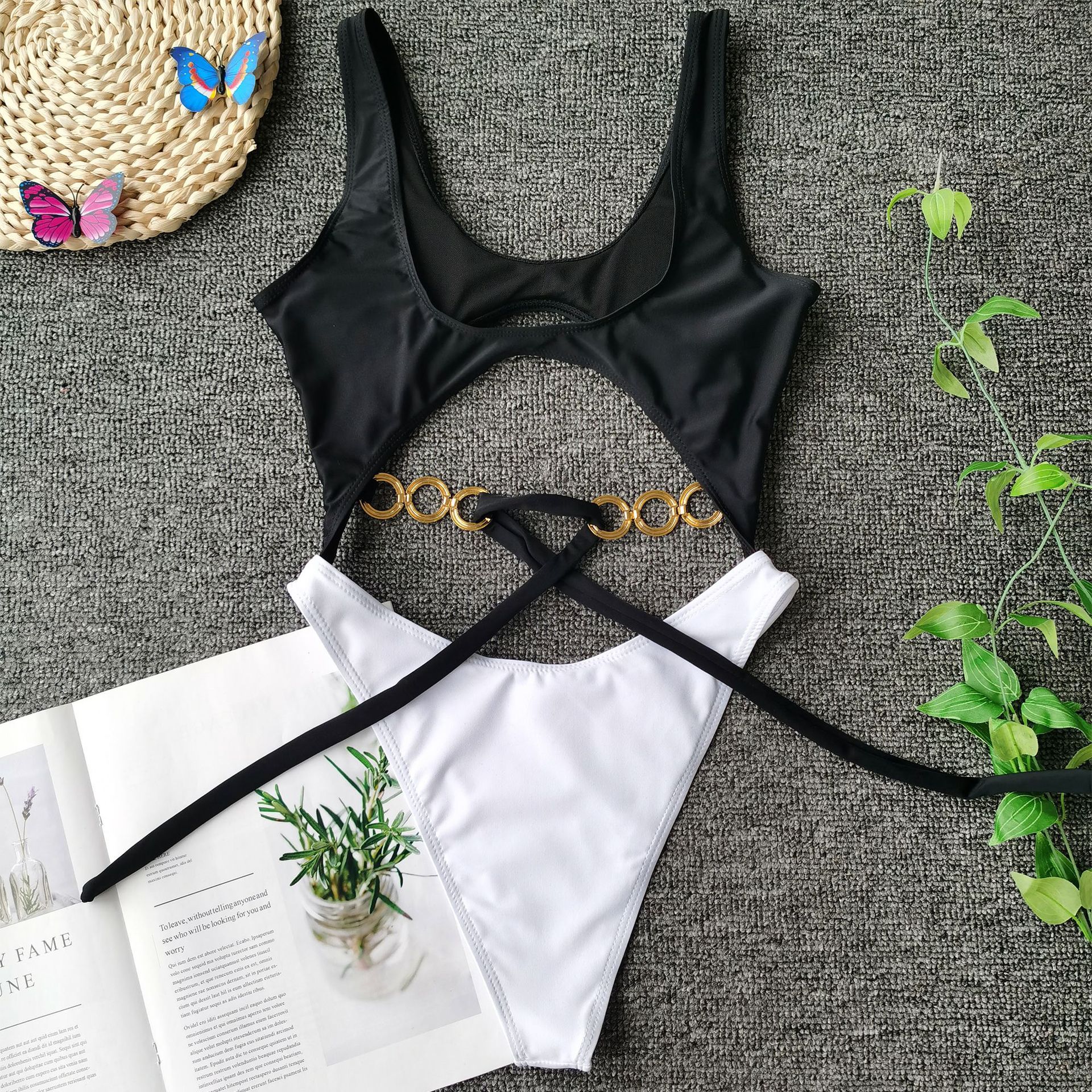 Metallic bikini bow tie stitching swimsuit