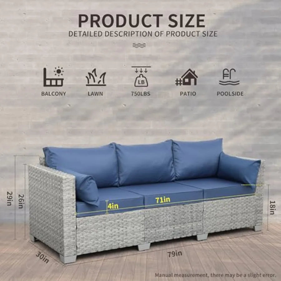Outdoor Couch 3 Seater Wicker Patio Sofa Gray Rattan Deep Seat Balcony Furniture Porch Seating with Navy Blue Cushion