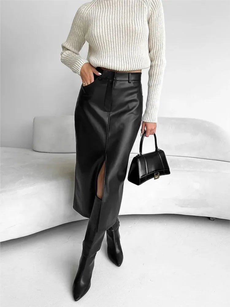 Leather Skirt High Waist Women Front Slit Spring Autumn Long Skirt High Waisted Office Lady Slim Skirts Elegant Women's Clothing