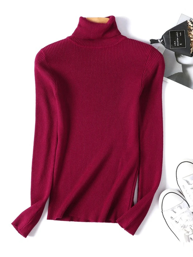 Casual Soft Polo-neck Jumper New Autumn Winter Women Knitted Turtleneck Sweater Fashion Slim Elasticity Solid Ribbed Pullovers 