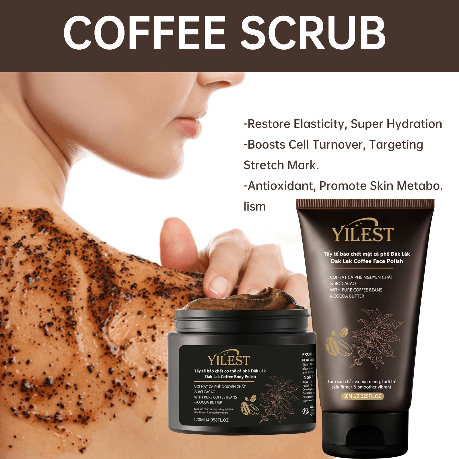 【Coffee Grounds Body Scrub】120ml+60ml Set, Exfoliates & Moisturizes with Vitamin E, Helps Tighten & Improve Skin Texture