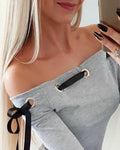 Camiseta Sexy De Manga Larga Con Hombros Descubiertos Para Mujer, Remera Ajustada Con Lazo Calado, Camisetas Cortas Para Mujer