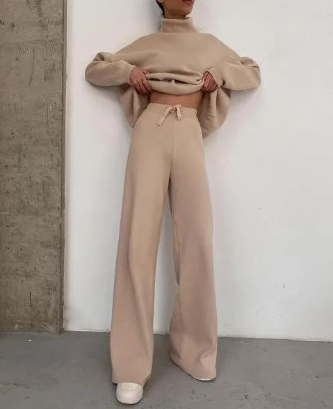 Sets Women Outfits Elegant Turtleneck Long-sleeved Sweater Trouser Suit Solid Color Comfortable Wide Leg Home Conjuntos De Mujer