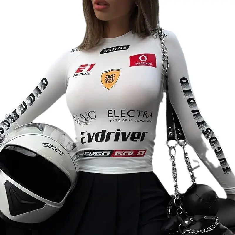 Hot Letter Print Biker Style Tops Soft Fabric Women Street Wear Trendy Cool Fitted Round Neck Pullover New Autumn Winter Fashion 