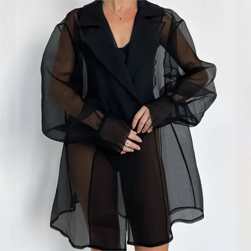 Black Sheer Trench Coat Women 2025 New Long Sleeve Belted Loose Fit Sheer Blouse Casual Streetwear Autumn Sheer Outerwear Dress