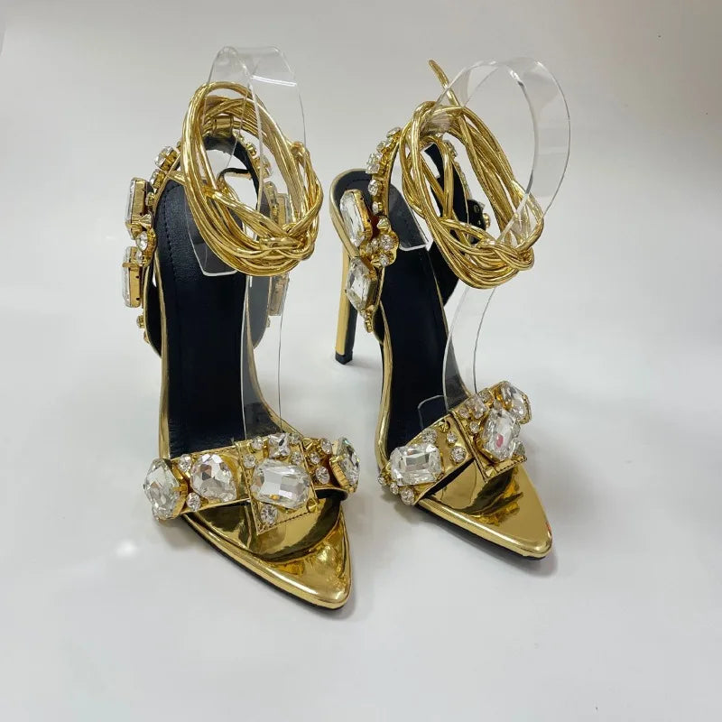 Sexy Ankle Strap Golded Sandals Women Party Nightclub Stripper Heels High Quality Crystal Diamond Pointed Toe Wedding Shoe