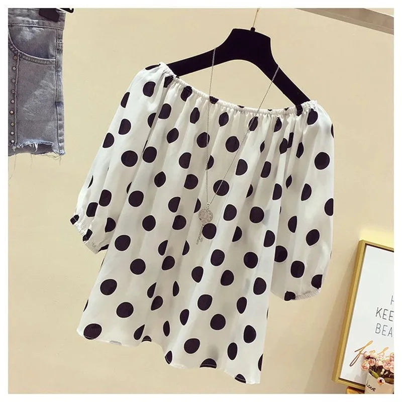 Women Spring Summer Style Loose Blouses Shirts Lady Casual Slash Neck Polka Dot Printed Blouses Tops