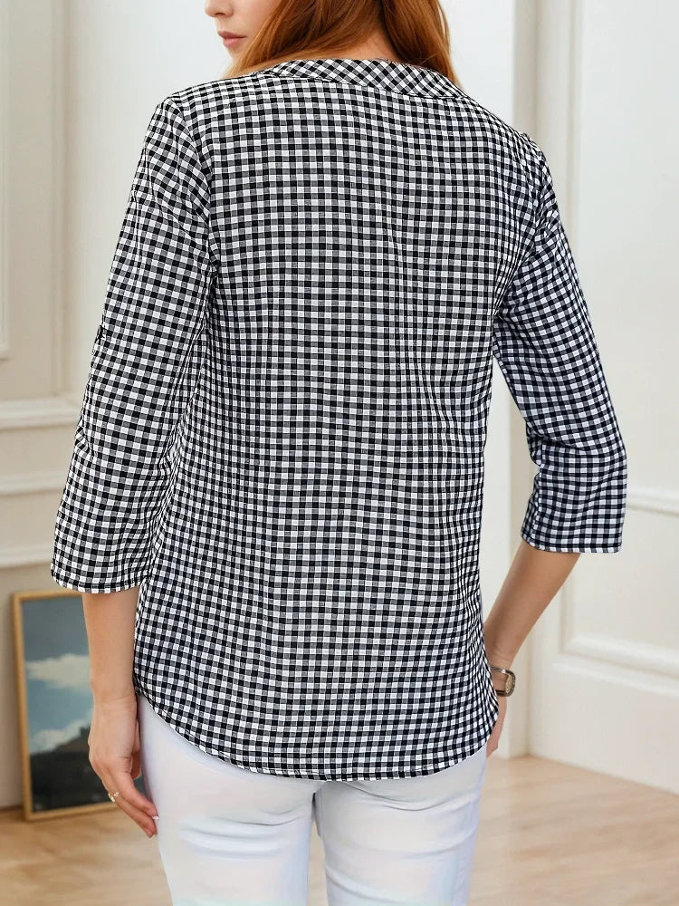 Plus Size Spring Autumn Women Fine Plaid Fashion Long Sleeve V-Neck Blouse Slim Fit Temperament Top Belly Covering Small Shirts