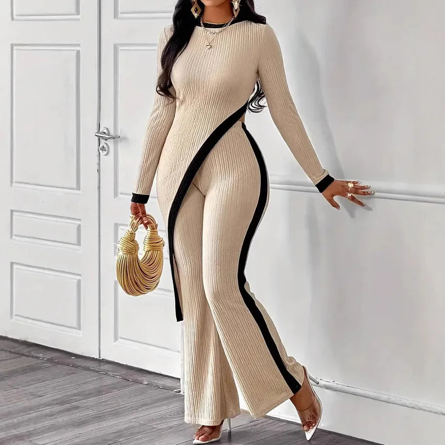 New Women's Sets 2 Pieces Elegant Round Neck Slim Irregular Sexy Solid Color Top + Wide-leg Loose Trousers Ladies Clothes
