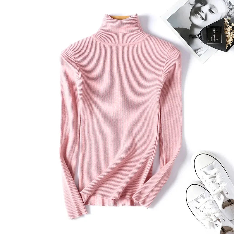 Casual Soft Polo-neck Jumper New Autumn Winter Women Knitted Turtleneck Sweater Fashion Slim Elasticity Solid Ribbed Pullovers 