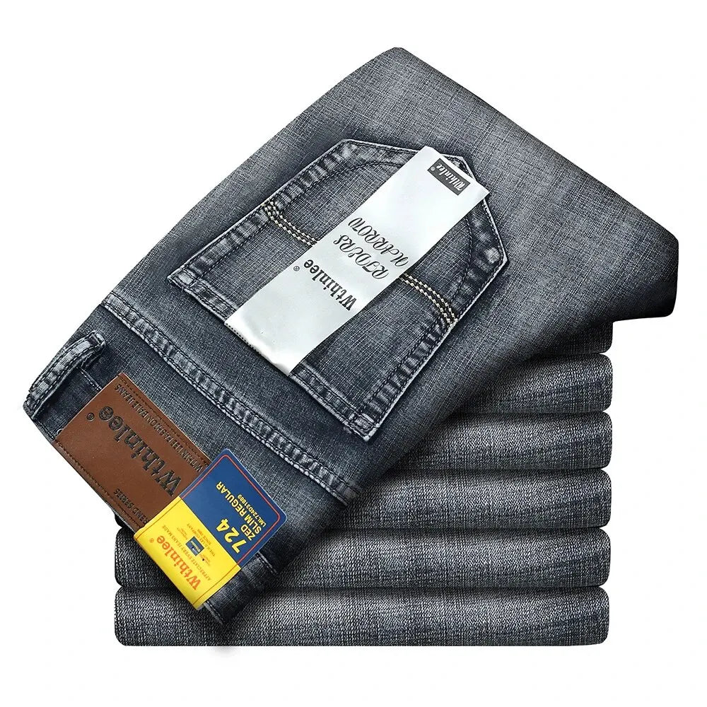Wthinlee New Business Men's Jeans fleece Casual Straight Stretch Fashion Classic Blue Black Work Denim Trousers Male  Clothing