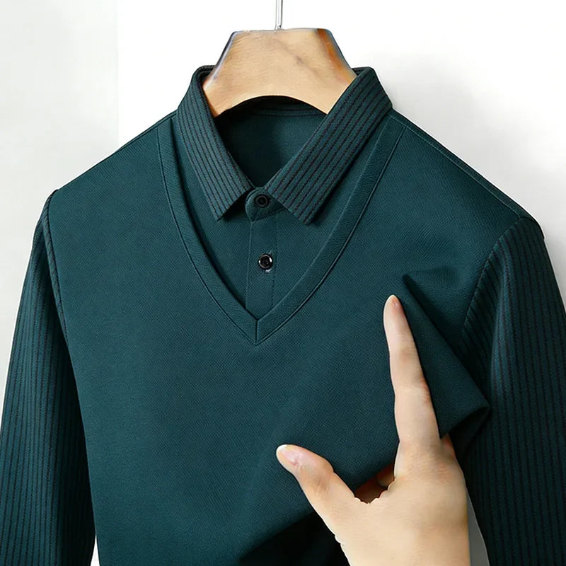 Men's Fake Two Piece Shirt Collar V Neck Long Sleeve Top Khaki Striped Casual Fashion Soft Fabric Daily Wear Blou 