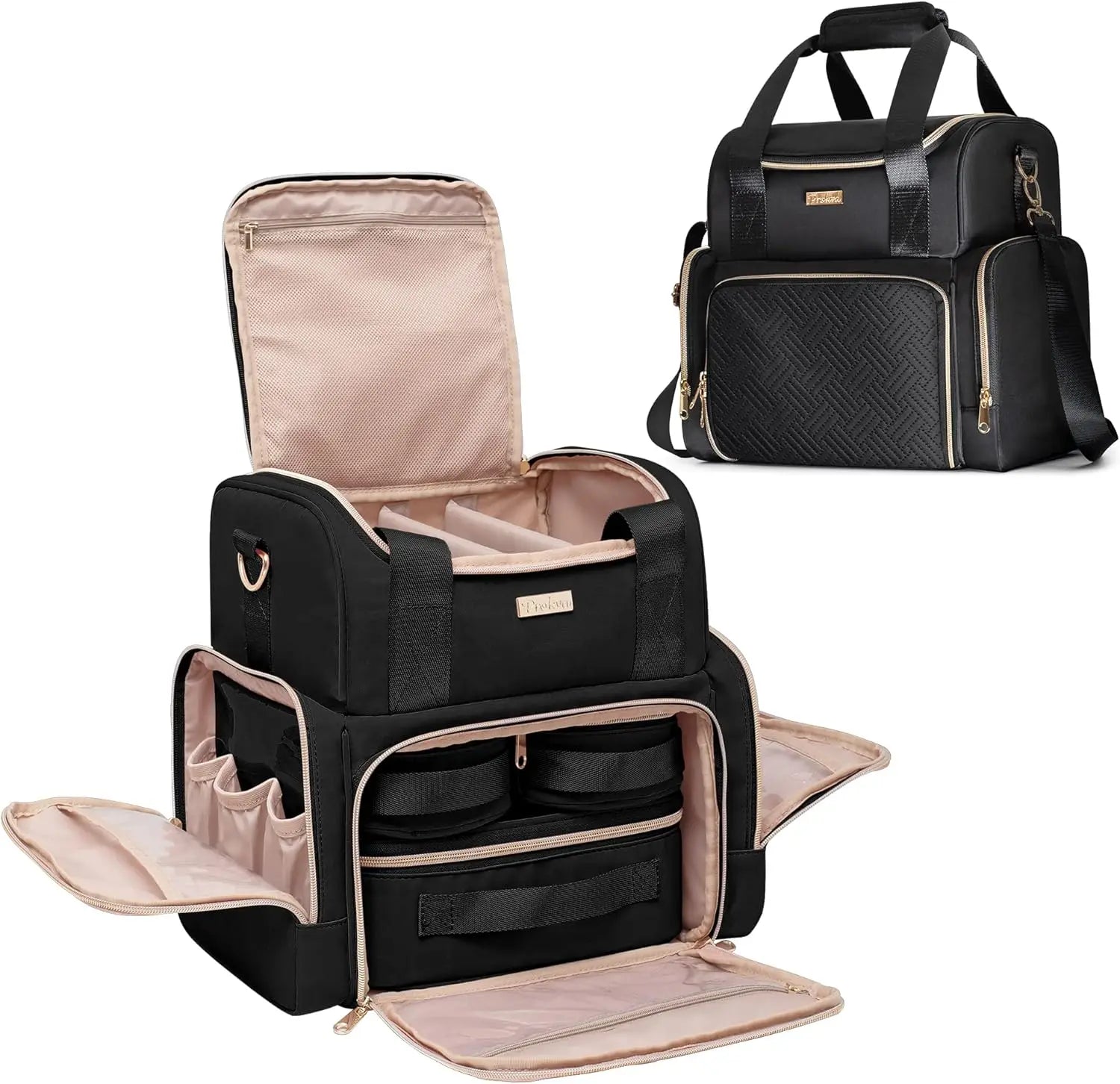 Large Travel Cosmetic Bag with 3 Removable Cases, Double Layer Organizer and Brush Storage in Black