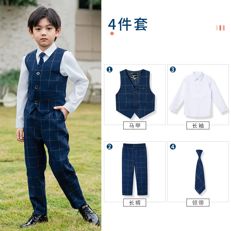 Kids British Plaid Vest Shirt Suit Pants Girls Waistcoat Blouse Skirts Children School Uniform Boys Korean Students Clothes Set