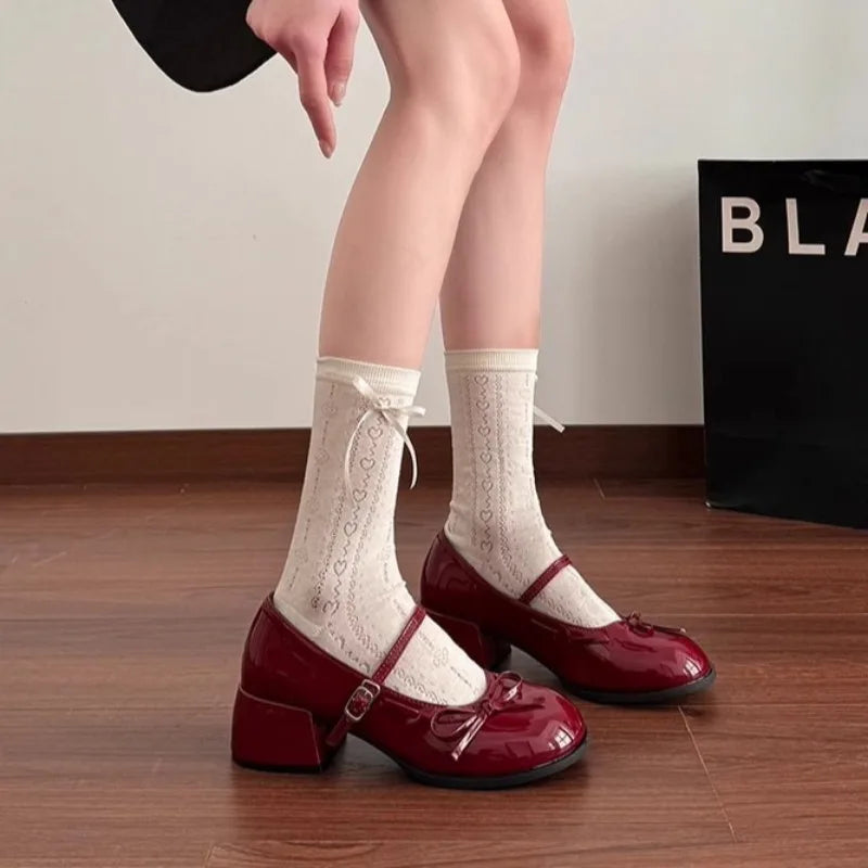 Women French Ballet Mary Jane Shoes Fashion with Bow Casual Leather Shoes Patent Leather Thick Heel Shoes Sandals Women Summer 