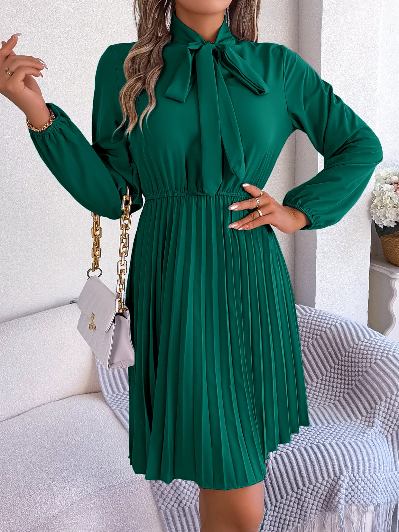Women's Elegant Tie Waist Long Sleeve Pleated Skirt vestido
