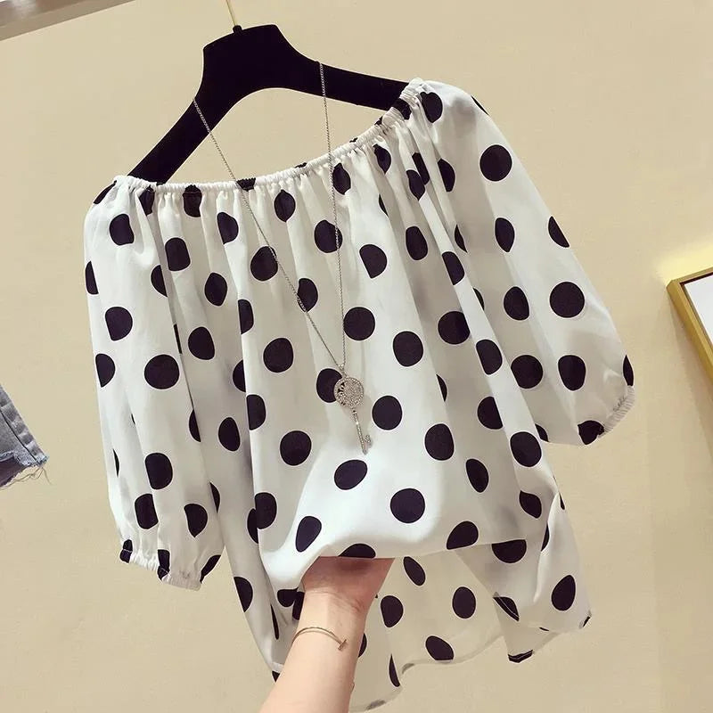 Women Spring Summer Style Loose Blouses Shirts Lady Casual Slash Neck Polka Dot Printed Blouses Tops