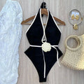Pure Color Halter Waist Lace Flower Waist Slimming Slim Fit One-piece Sunscreen Women's Swimsuit