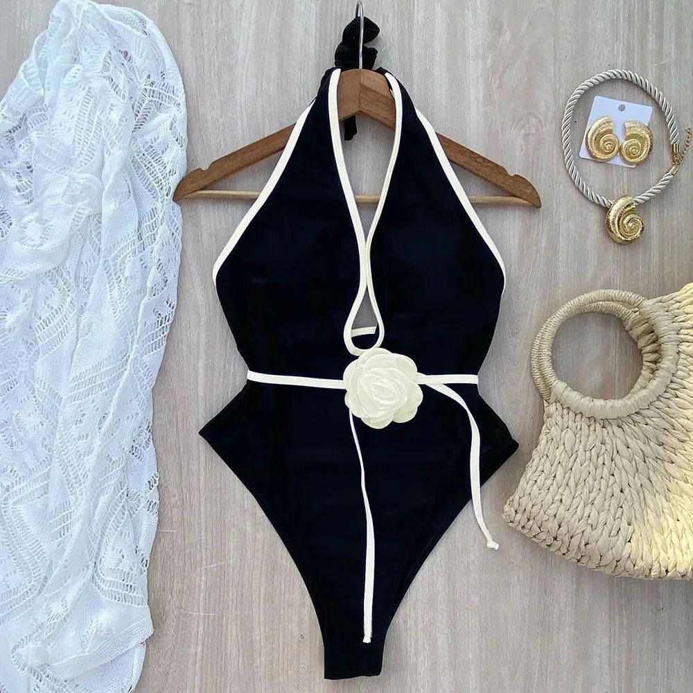 Pure Color Halter Waist Lace Flower Waist Slimming Slim Fit One-piece Sunscreen Women's Swimsuit