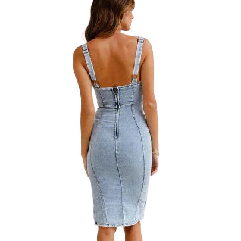 Fashion Sling Split Stretch Denim Dress vestido