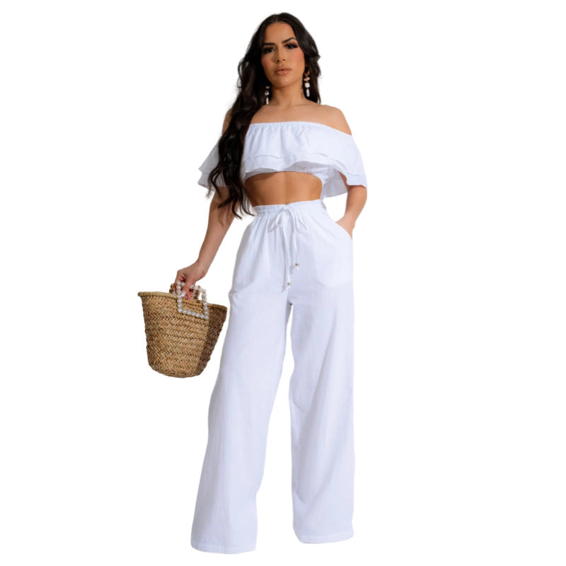 Off-shoulder Ruffled Short Top And Wide-leg Long Pants Set