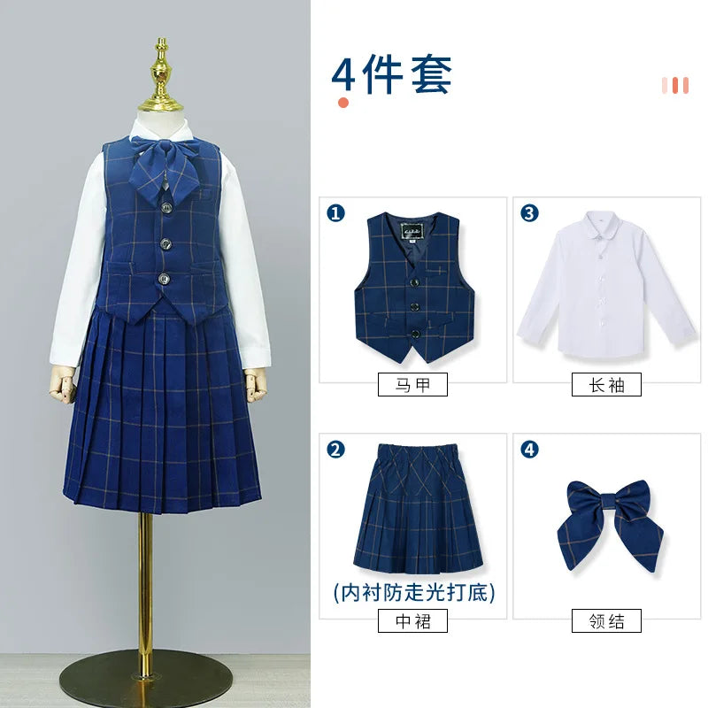 Kids British Plaid Vest Shirt Suit Pants Girls Waistcoat Blouse Skirts Children School Uniform Boys Korean Students Clothes Set