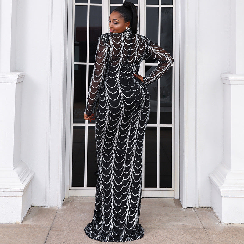 New Long Dress Round Neck Gold And Black Sequin Embellished High Waist Elegant Pullover Gown