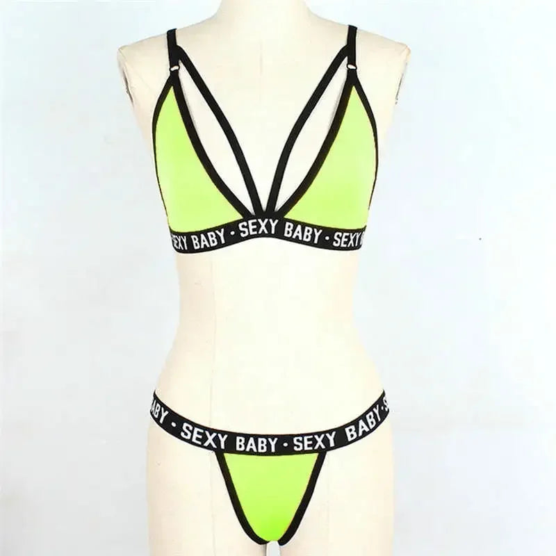 Conjuntos exóticos, conjunto de Sujetador deportivo Sexy para mujer sin aros, corsé con vendaje, sujetador con letras + Tanga