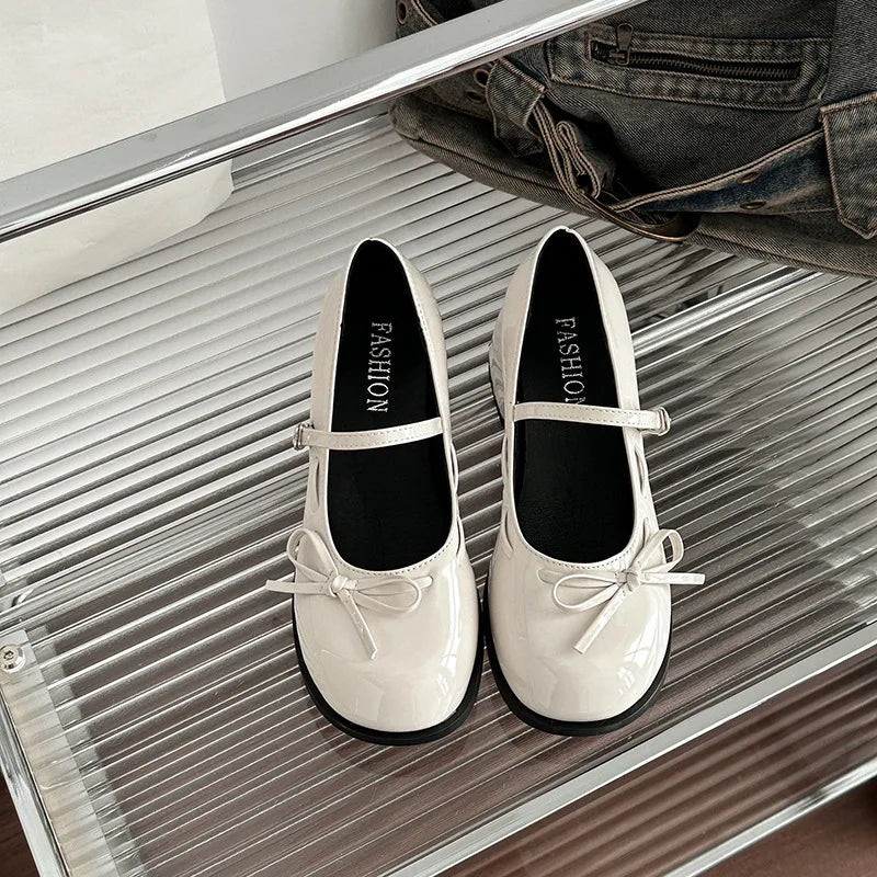 Women French Ballet Mary Jane Shoes Fashion with Bow Casual Leather Shoes Patent Leather Thick Heel Shoes Sandals Women Summer 